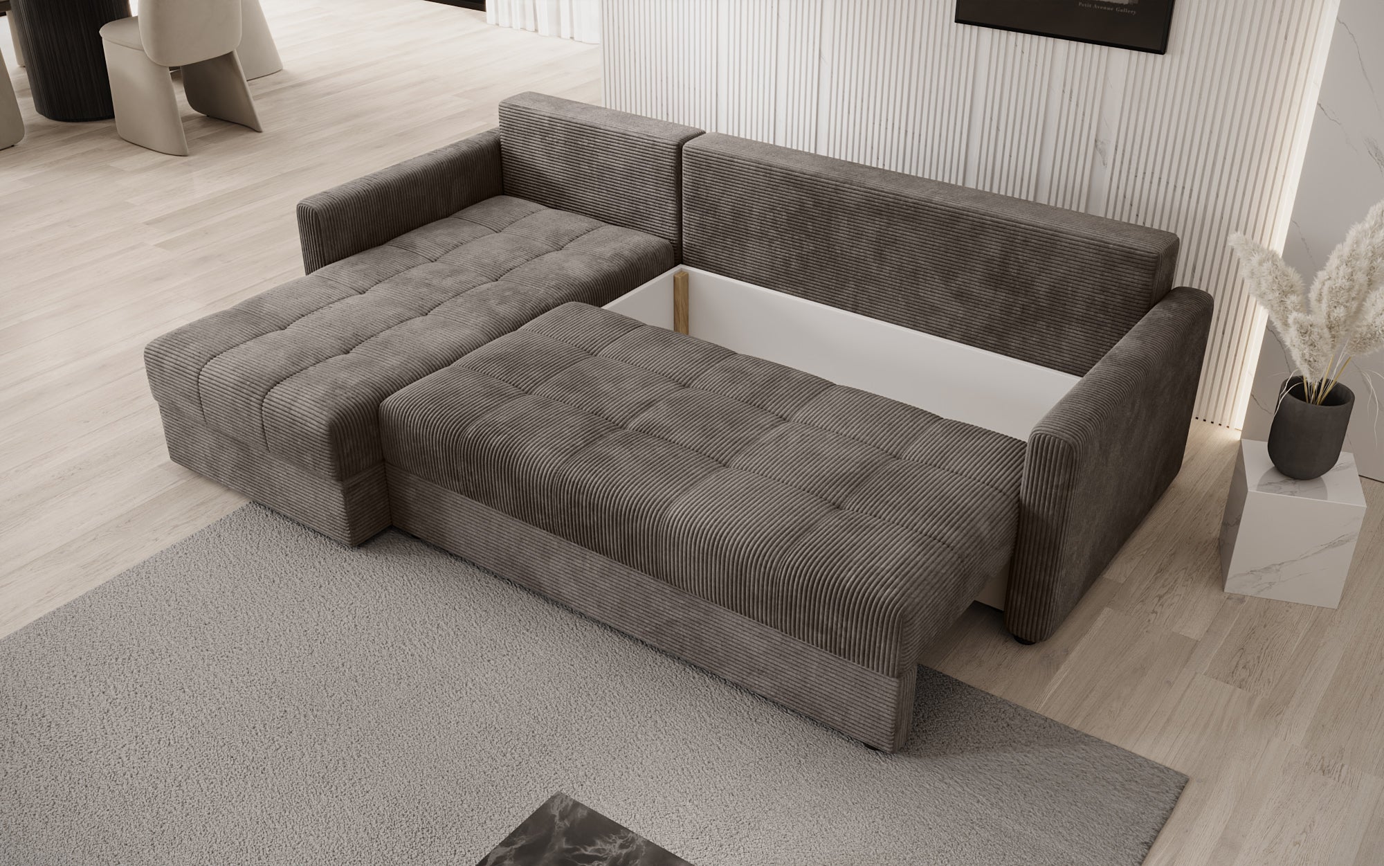 Designer sofa Roma in corduroy with sleeping and folding function