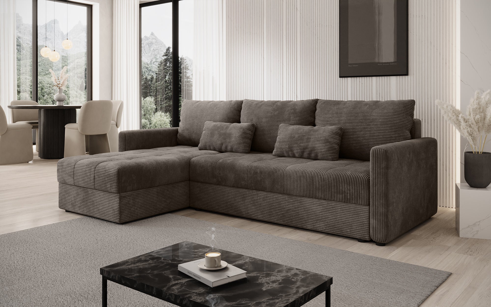 Designer sofa Roma in corduroy with sleeping and folding function