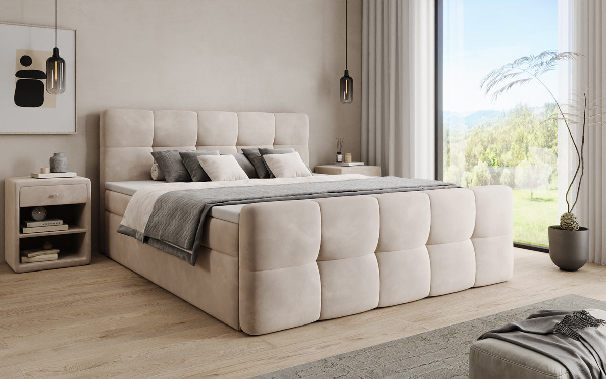 Cozy Velvet Boxspring Bed with Storage