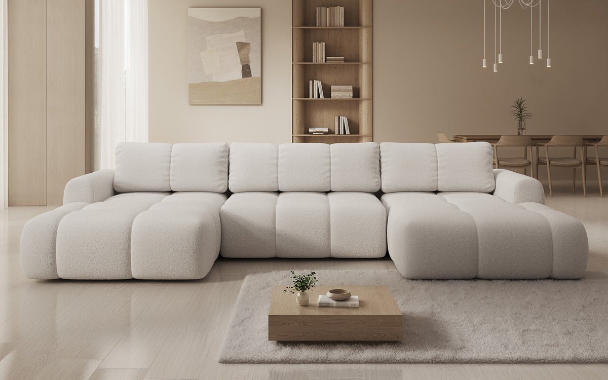 Designer Sofa Analfi U mit Schlaf- und Klappfunktion in Bouclé