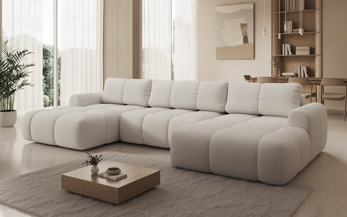 Designer Sofa Analfi U mit Schlaf- und Klappfunktion in Bouclé