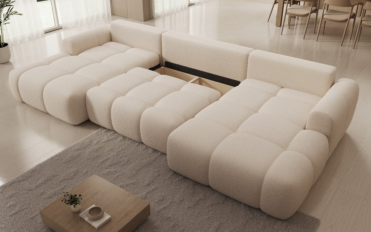 Designer Sofa Analfi U mit Schlaf- und Klappfunktion in Bouclé