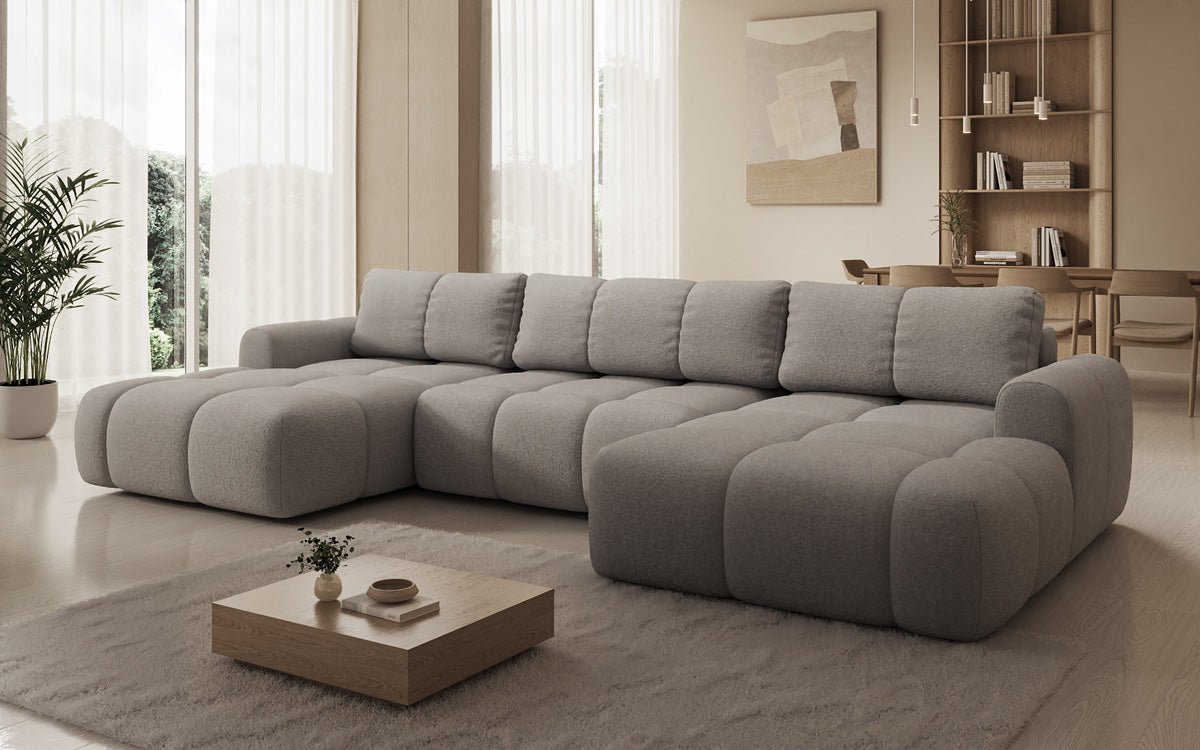 Designer Sofa Analfi U mit Schlaf- und Klappfunktion in Bouclé