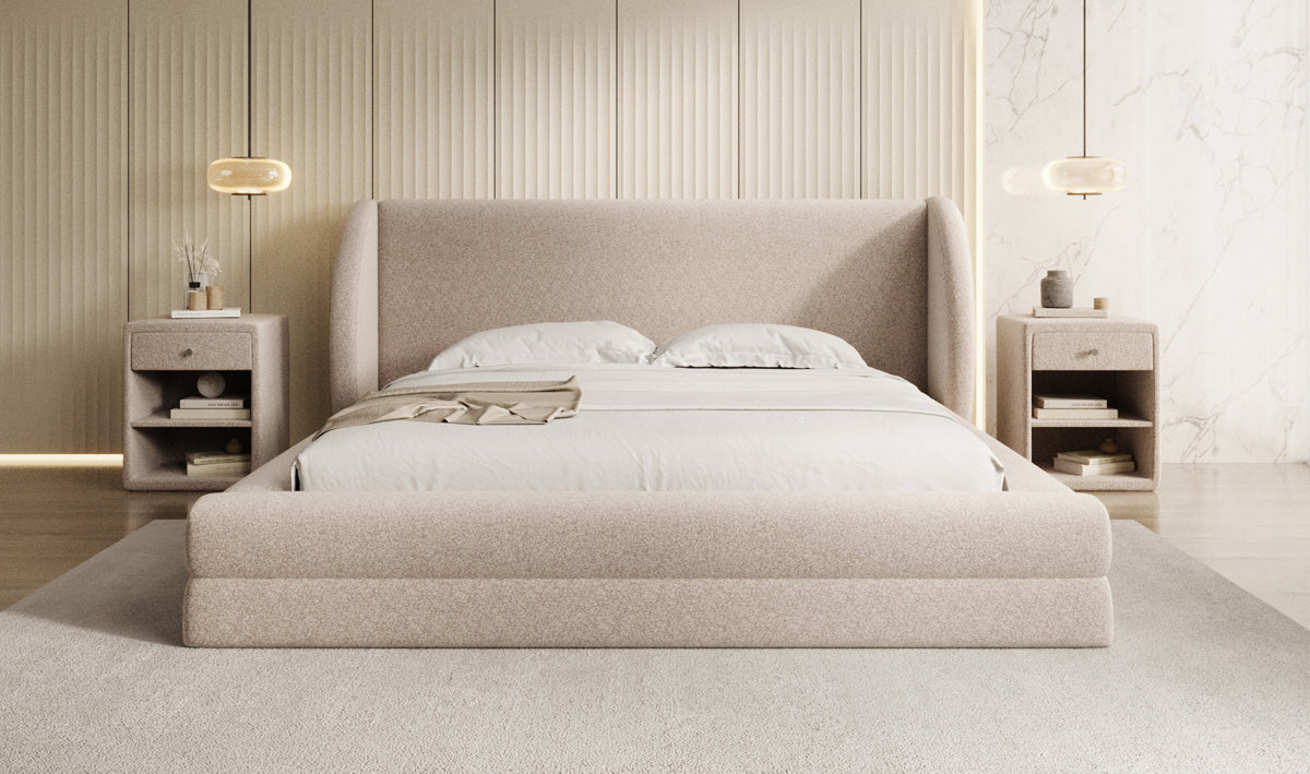 Designer Upholstered Bed Liv in Textured Fabric with Storage