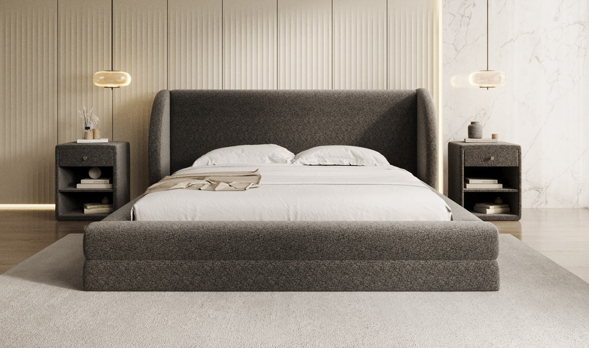 Designer Upholstered Bed Liv in Textured Fabric with Storage