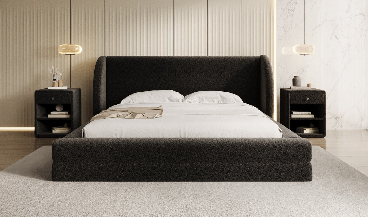Designer Upholstered Bed Liv in Textured Fabric with Storage