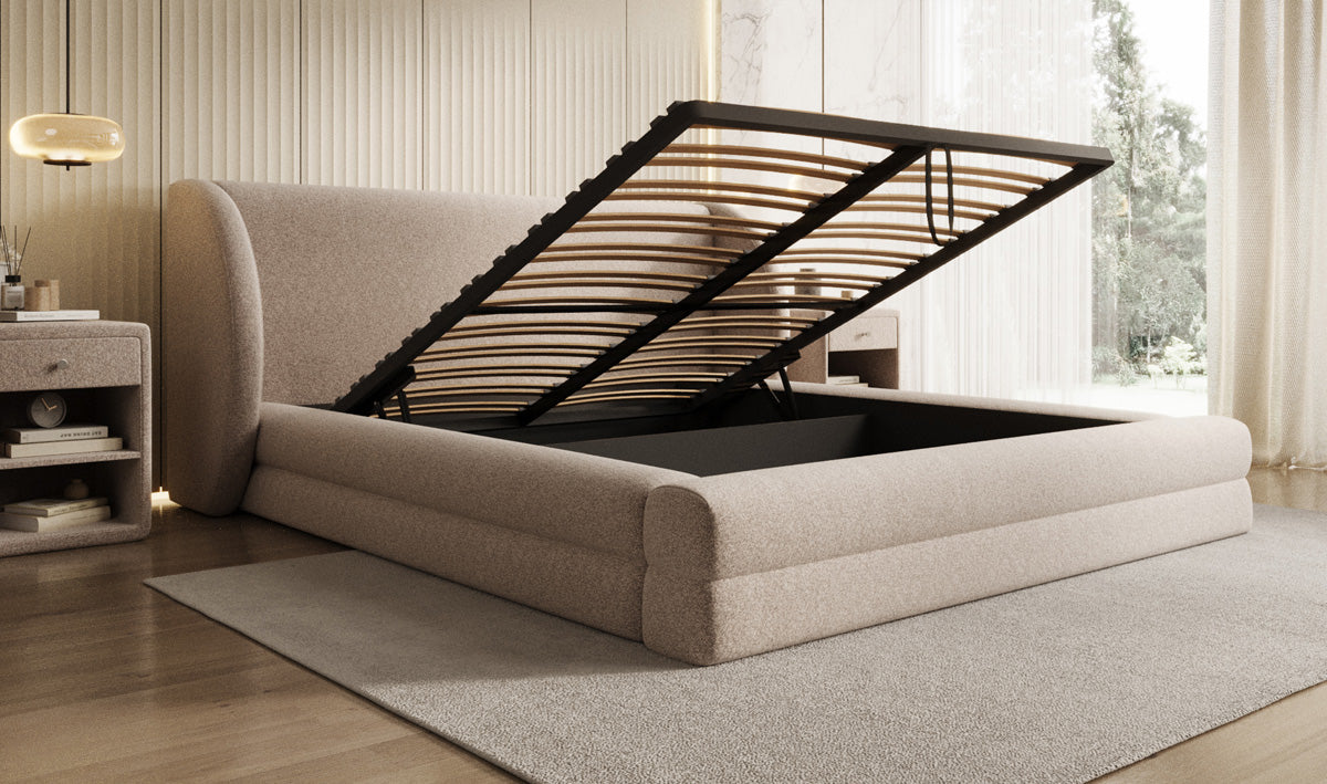 Designer Upholstered Bed Liv in Textured Fabric with Storage