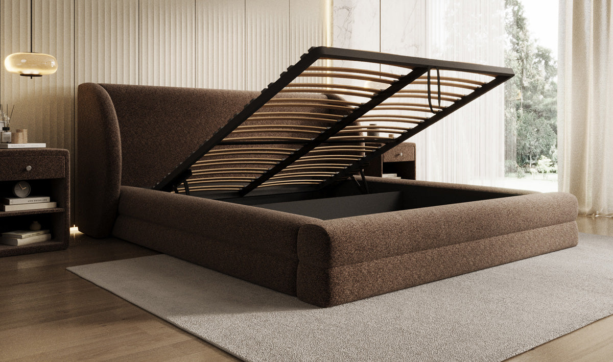 Designer Upholstered Bed Liv in Textured Fabric with Storage