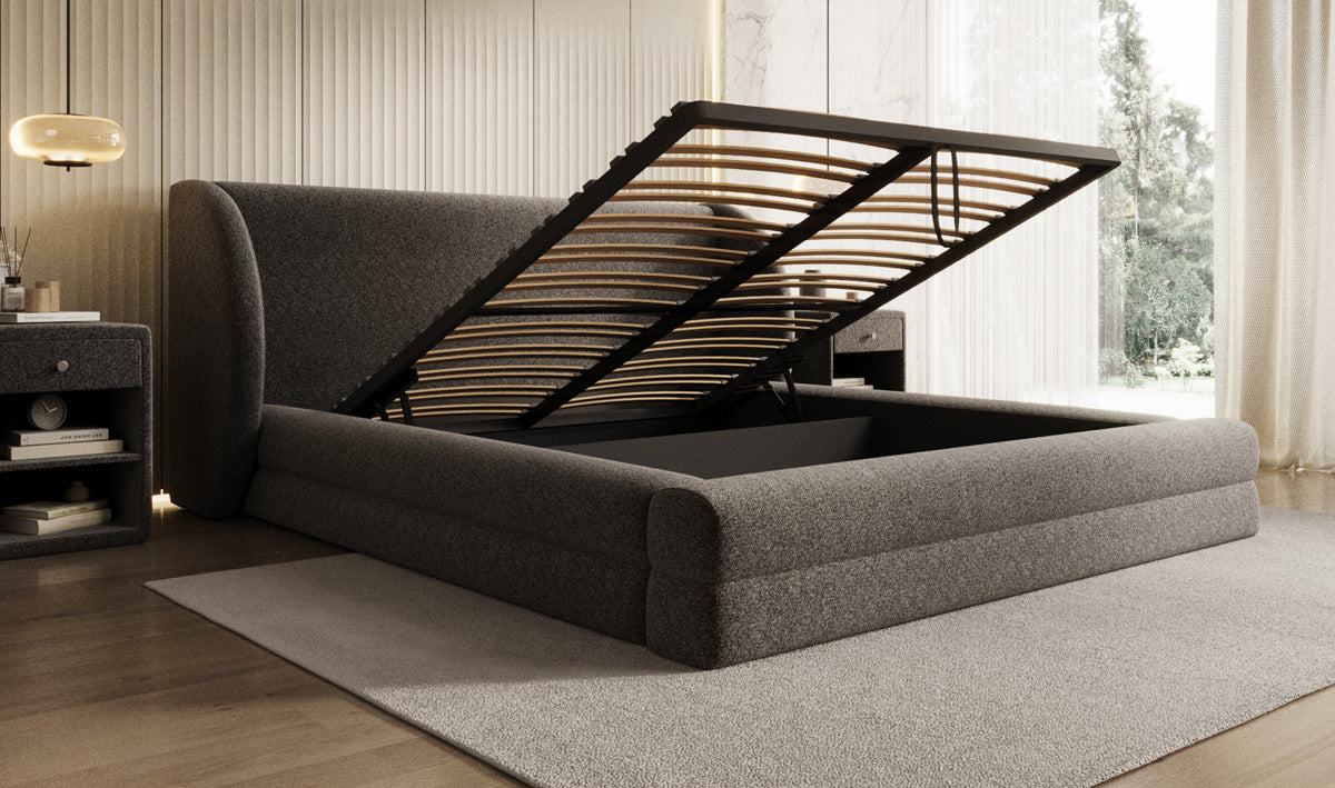 Designer Upholstered Bed Liv in Textured Fabric with Storage