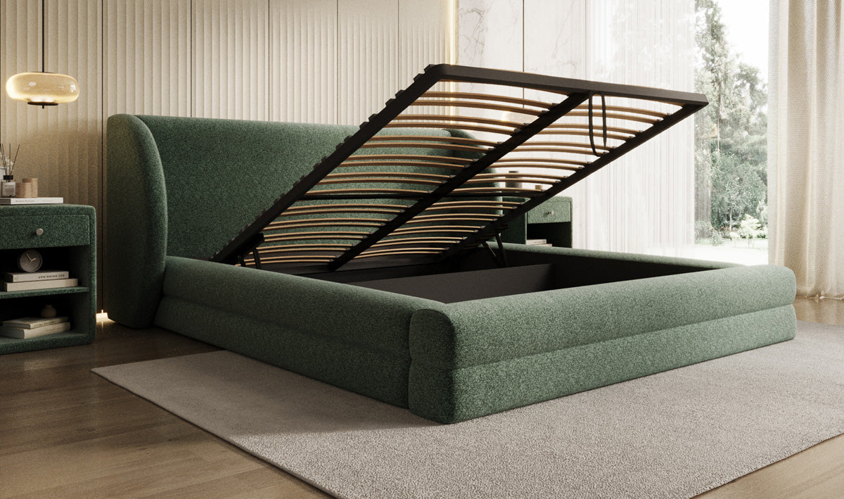 Designer Upholstered Bed Liv in Textured Fabric with Storage