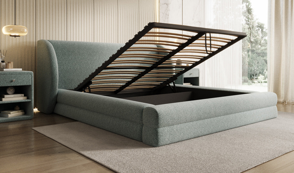 Designer Upholstered Bed Liv in Textured Fabric with Storage