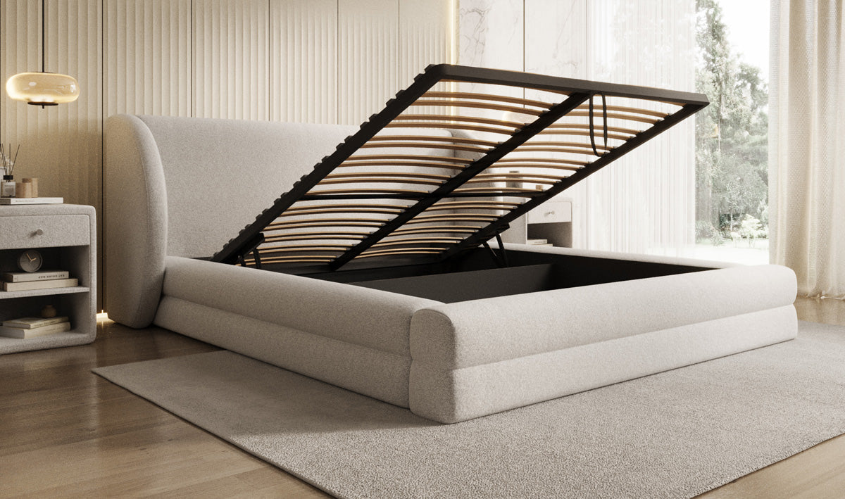 Designer Upholstered Bed Liv in Textured Fabric with Storage