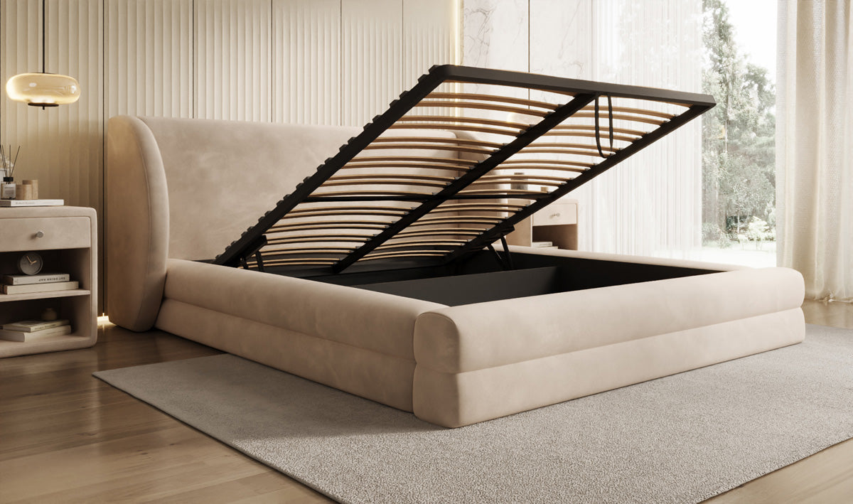 Designer upholstered bed Liv in velvet with storage