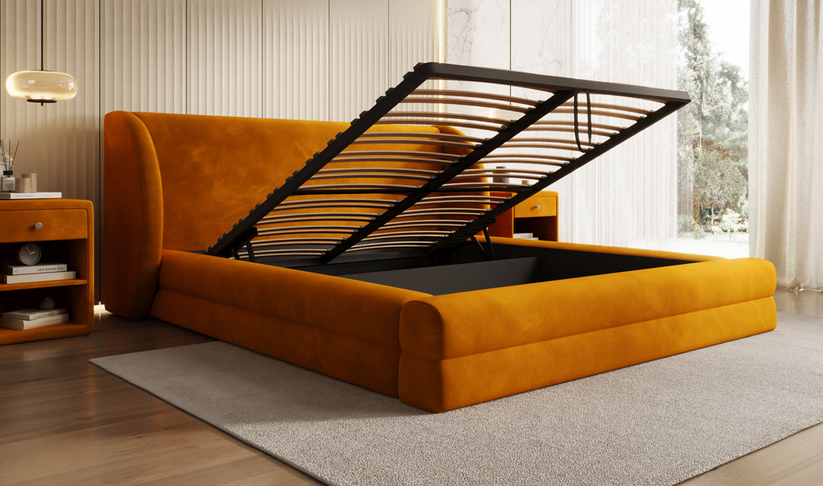 Designer upholstered bed Liv in velvet with storage