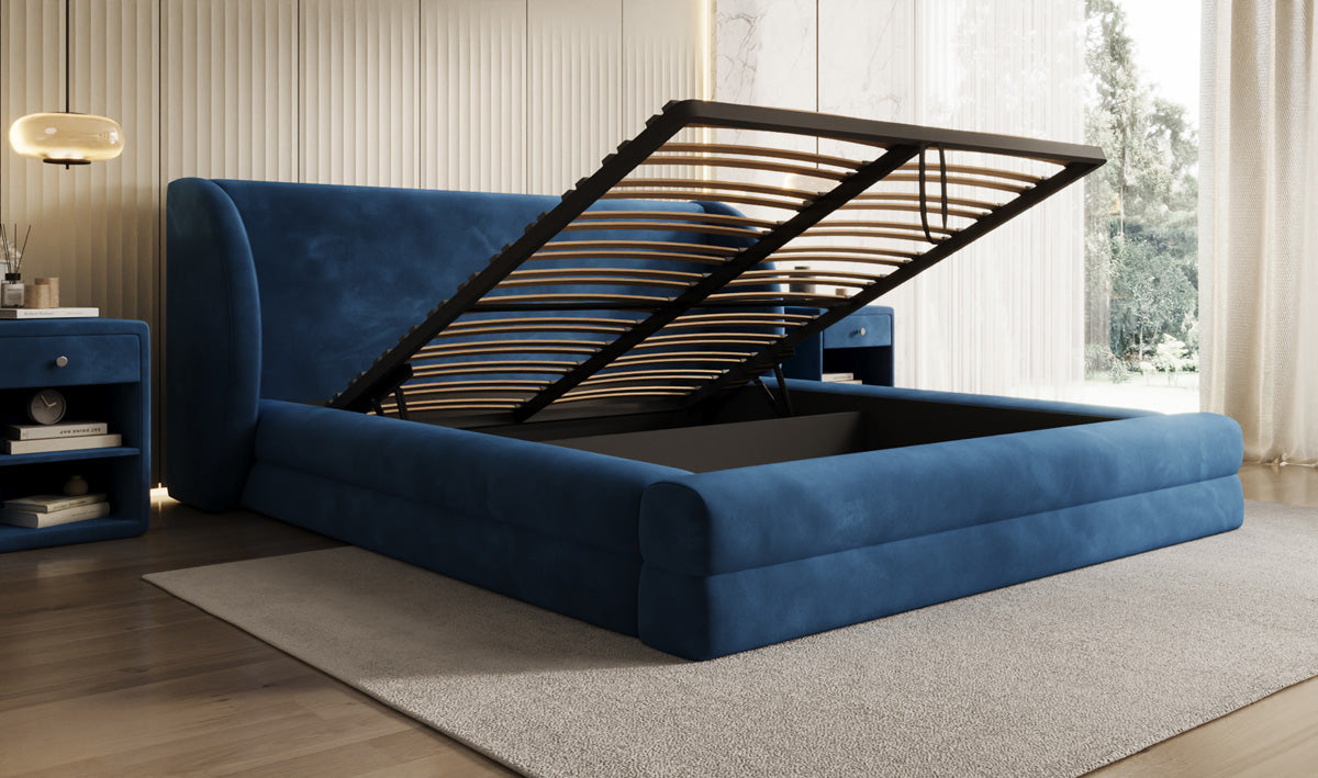 Designer upholstered bed Liv in velvet with storage