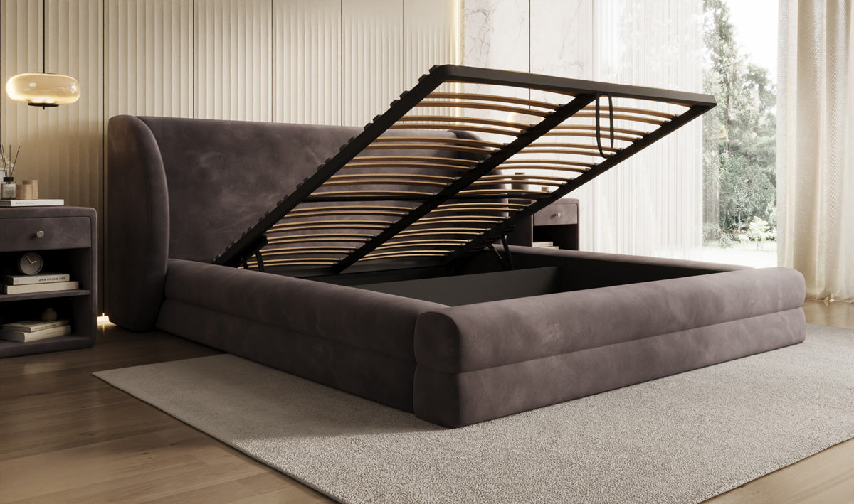 Designer upholstered bed Liv in velvet with storage