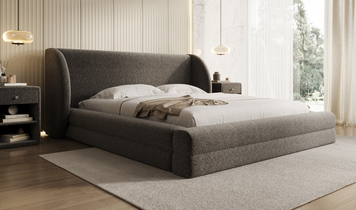 Designer Upholstered Bed Liv in Textured Fabric with Storage