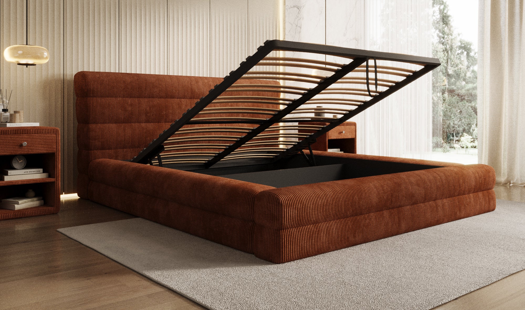 Designer Polsterbett Maren Cord mit Stauraum