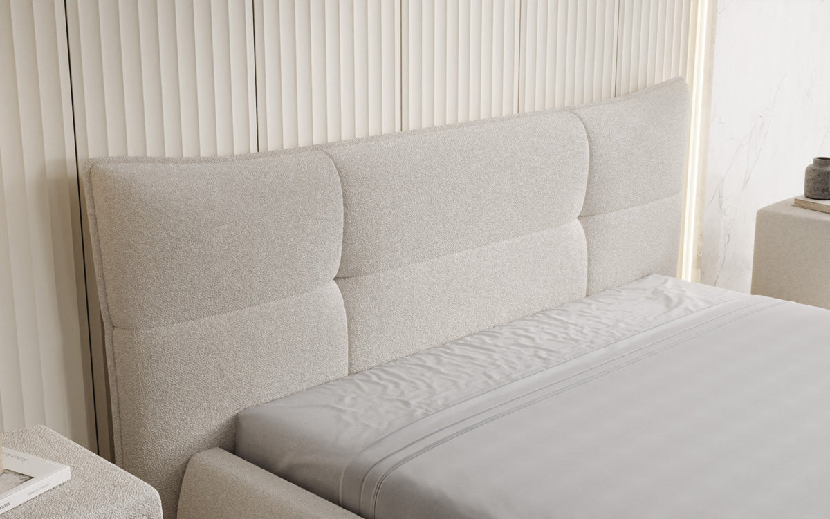 Designer upholstered bed Gioia in teddy bouclé with storage