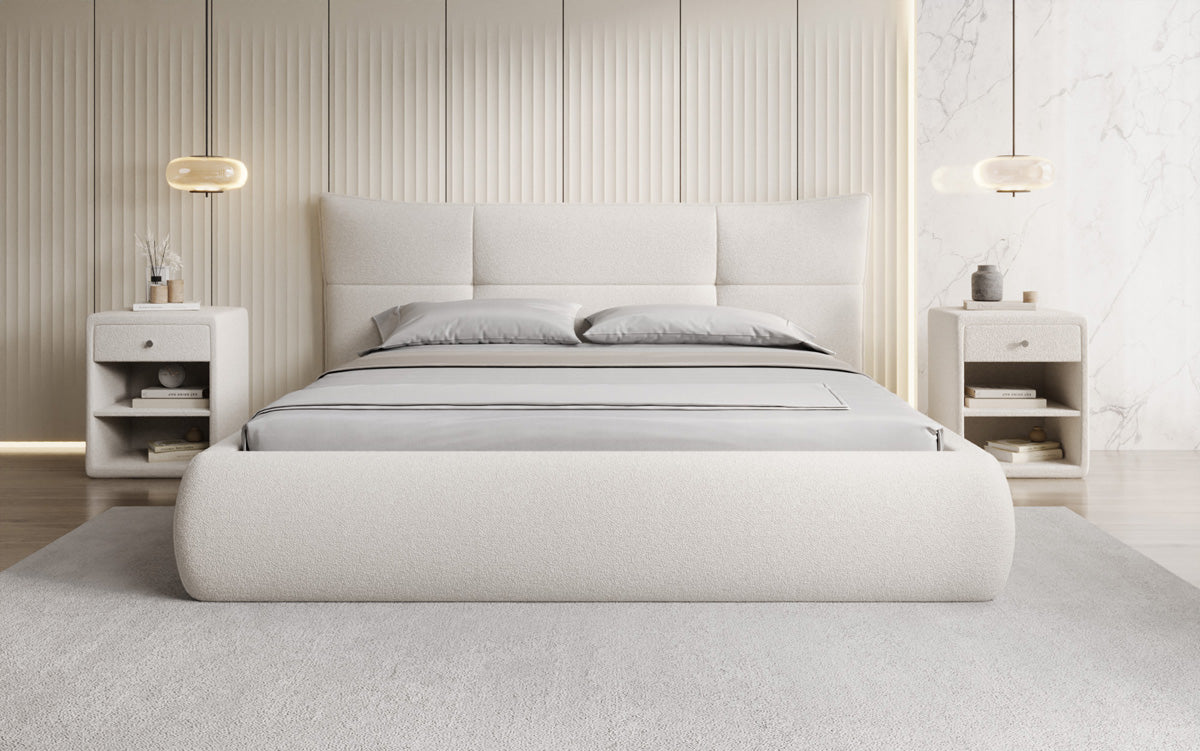 Designer upholstered bed Gioia in teddy bouclé with storage