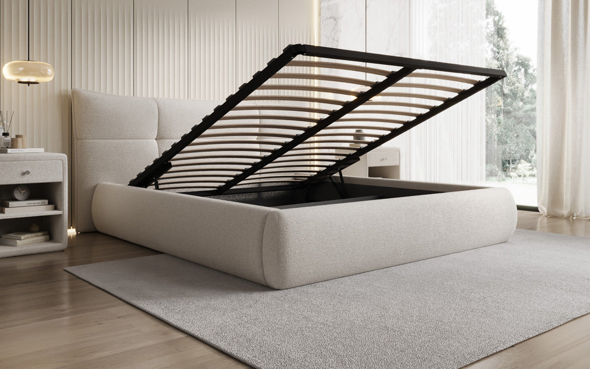 Designer upholstered bed Gioia in teddy bouclé with storage
