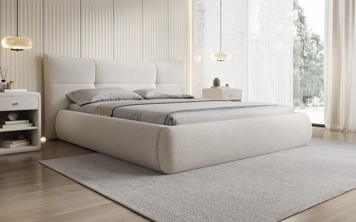 Designer upholstered bed Gioia in teddy bouclé with storage