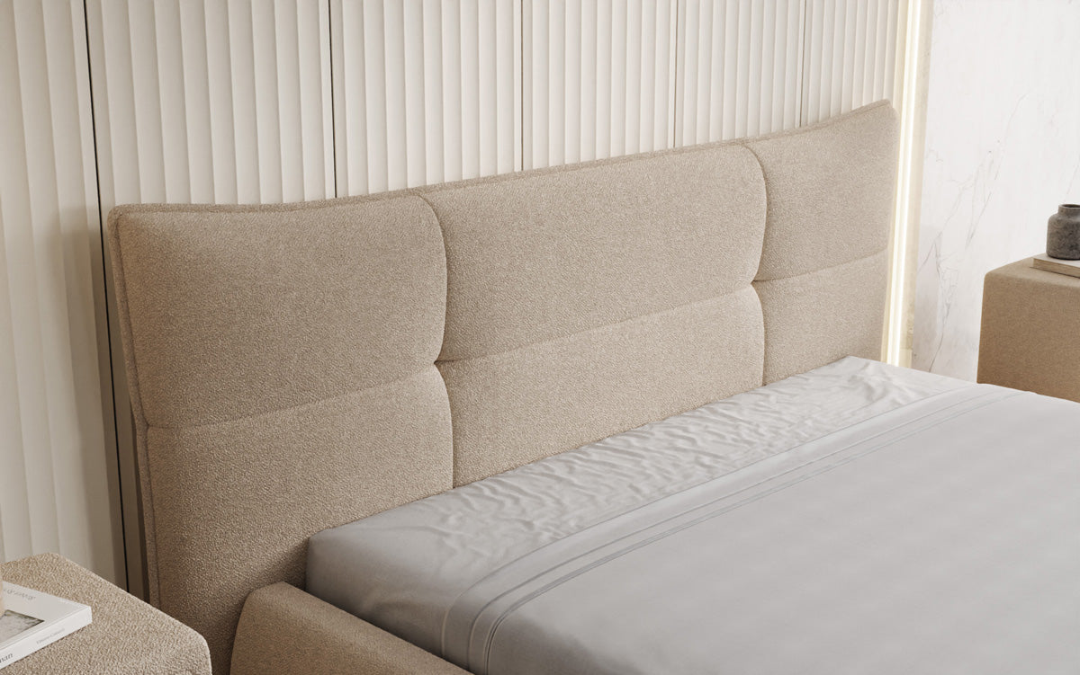 Designer upholstered bed Gioia in teddy bouclé with storage