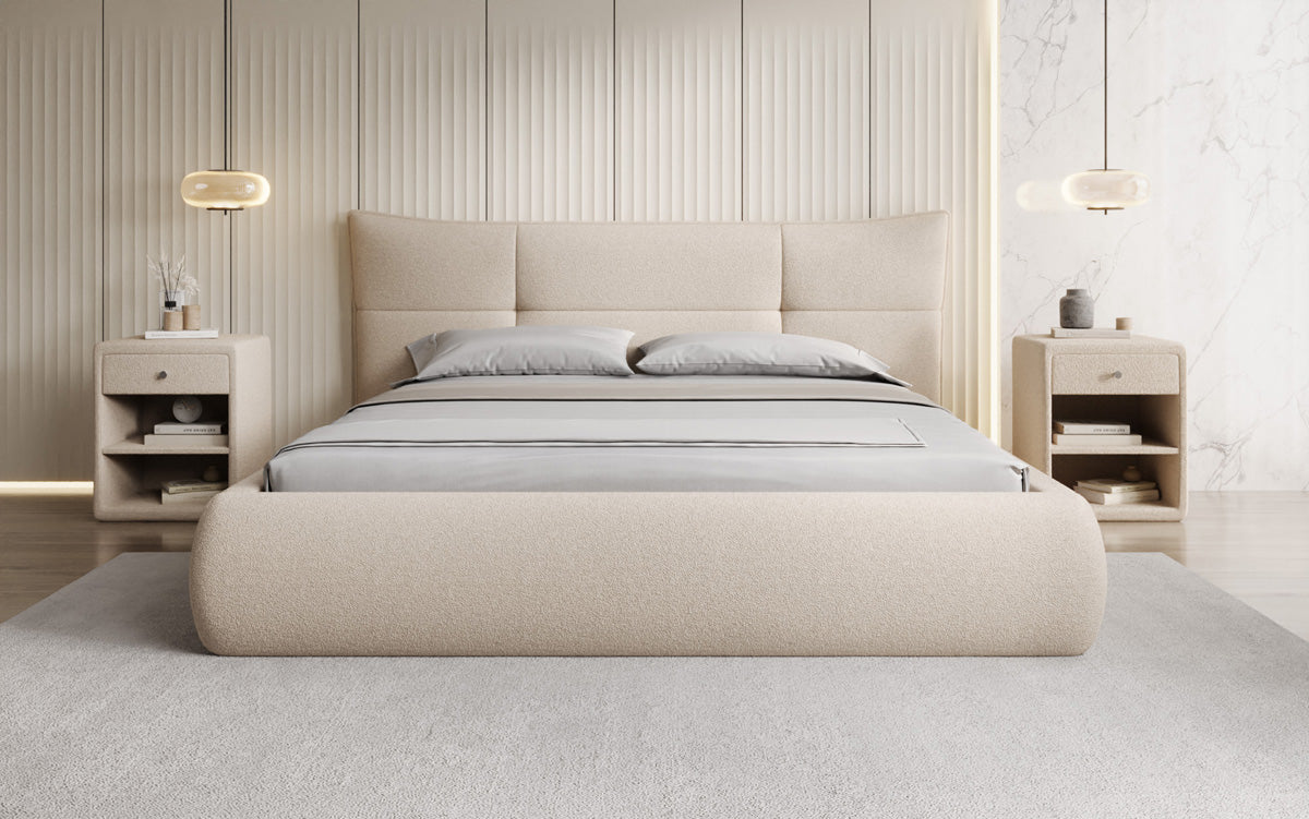 Designer upholstered bed Gioia in teddy bouclé with storage