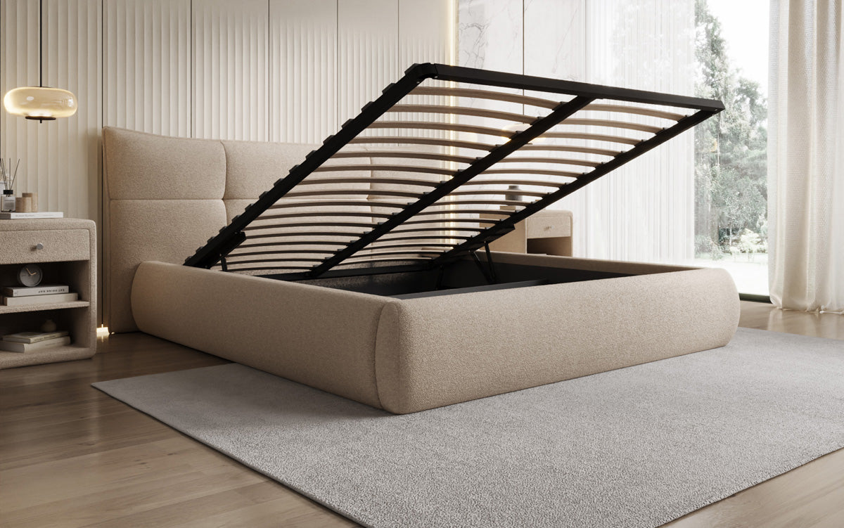 Designer upholstered bed Gioia in teddy bouclé with storage