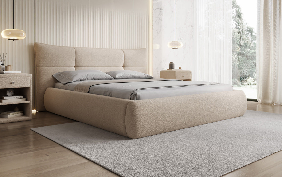 Designer upholstered bed Gioia in teddy bouclé with storage