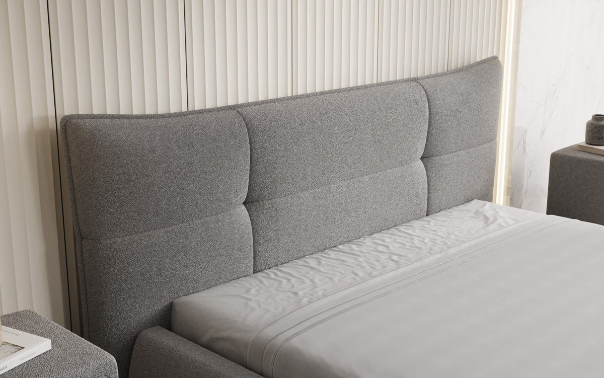 Designer upholstered bed Gioia in teddy bouclé with storage