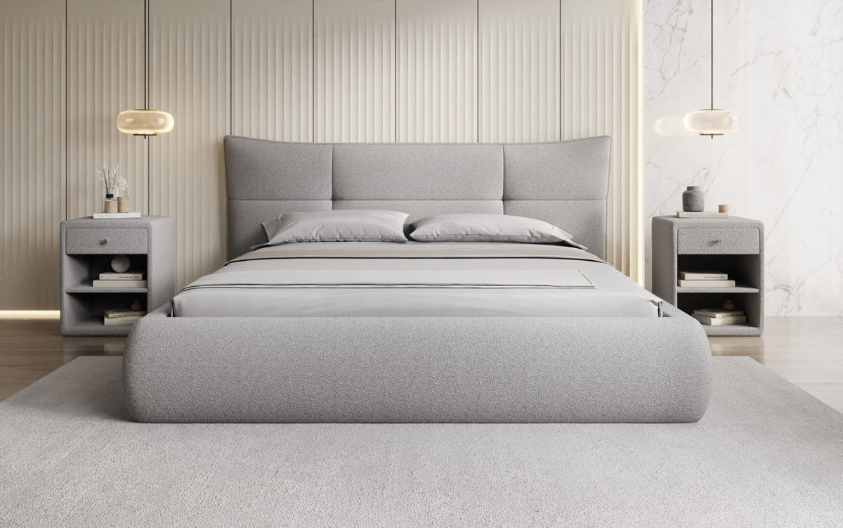 Designer upholstered bed Gioia in teddy bouclé with storage
