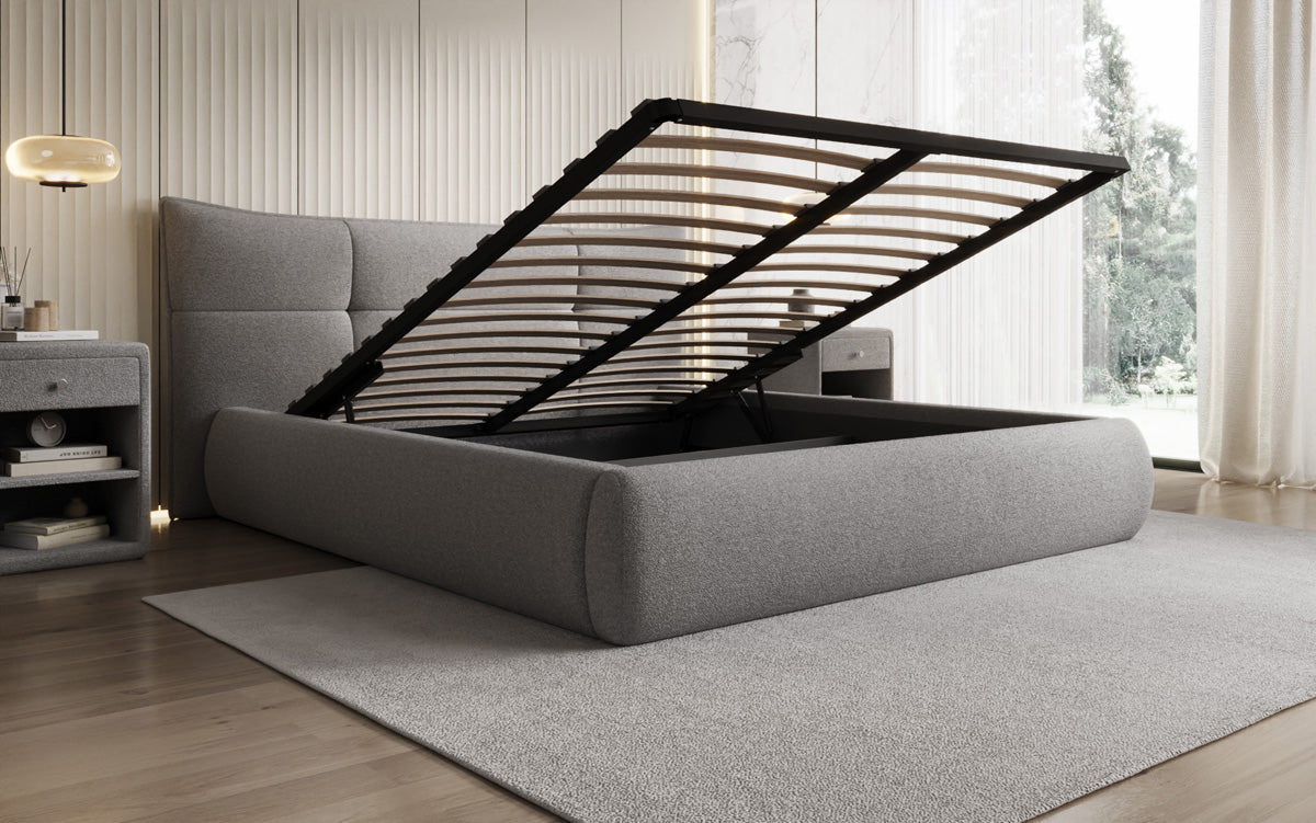 Designer upholstered bed Gioia in teddy bouclé with storage