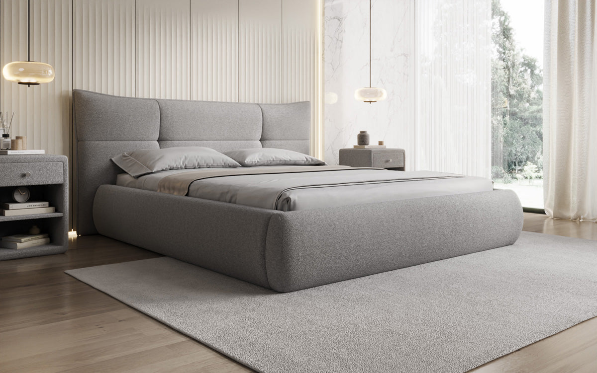 Designer upholstered bed Gioia in teddy bouclé with storage