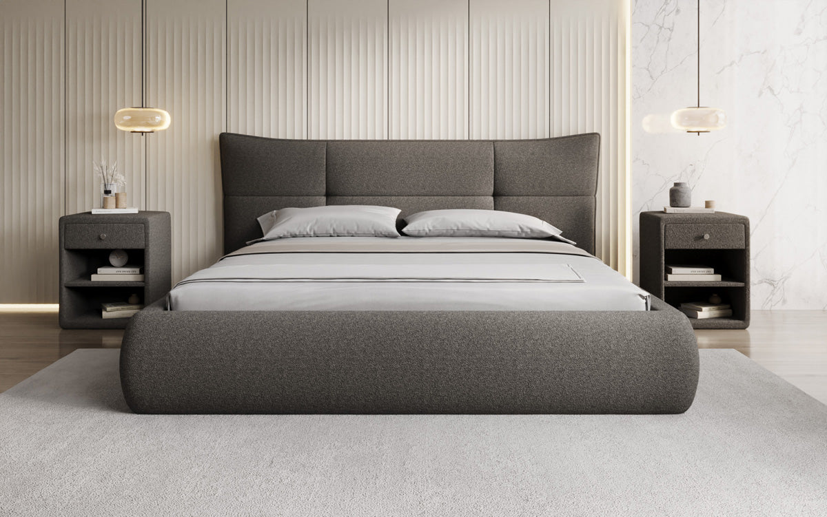 Designer upholstered bed Gioia in teddy bouclé with storage