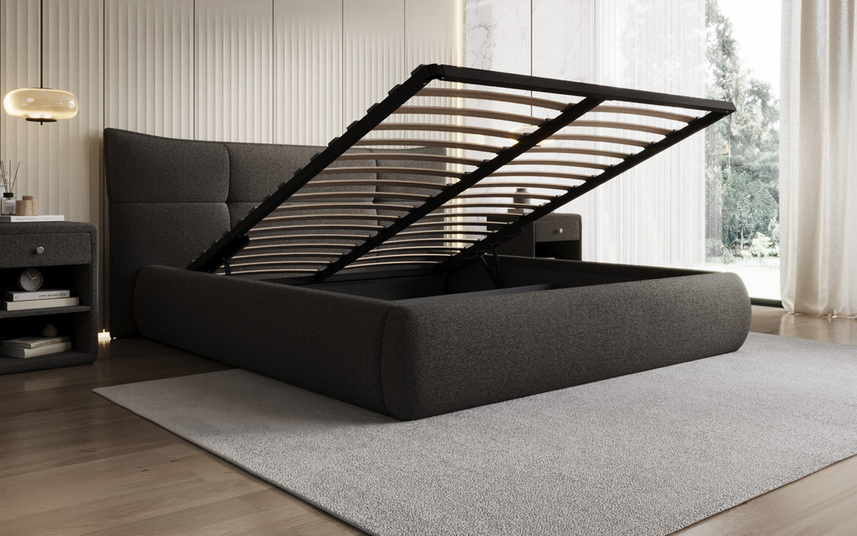Designer upholstered bed Gioia in teddy bouclé with storage