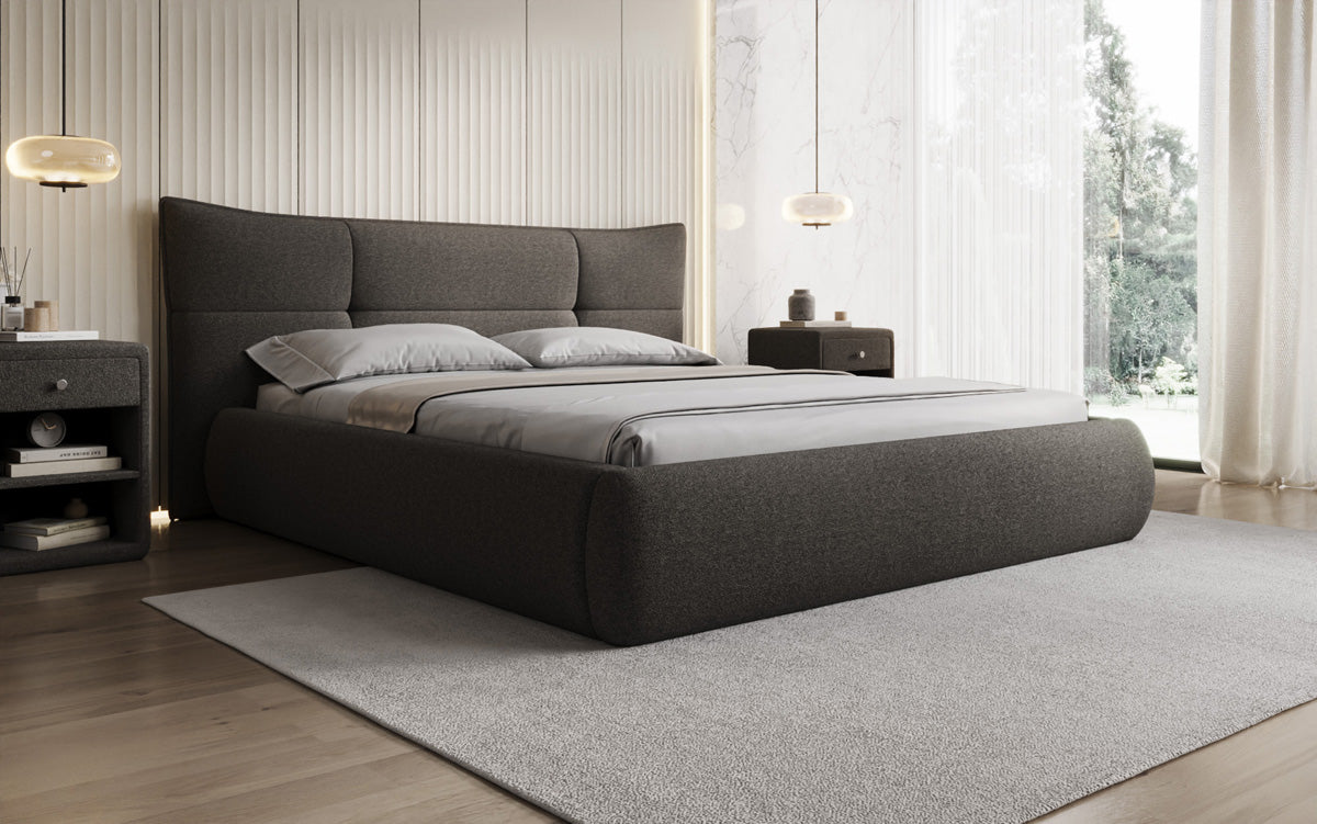 Designer upholstered bed Gioia in teddy bouclé with storage