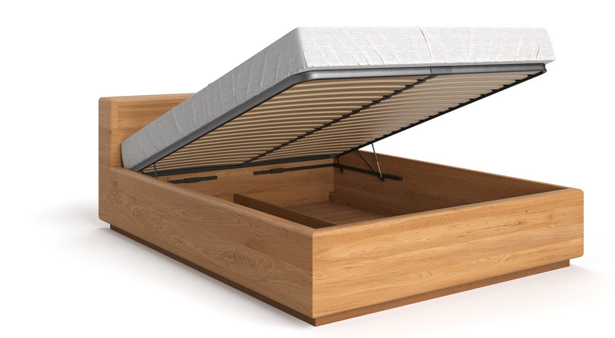 Designer wooden bed Calveno made of solid Oak with storage and straight headboard