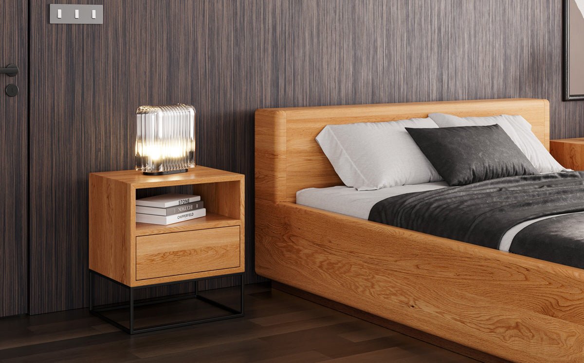 Designer wooden bed Calveno made of solid Oak with storage and straight headboard