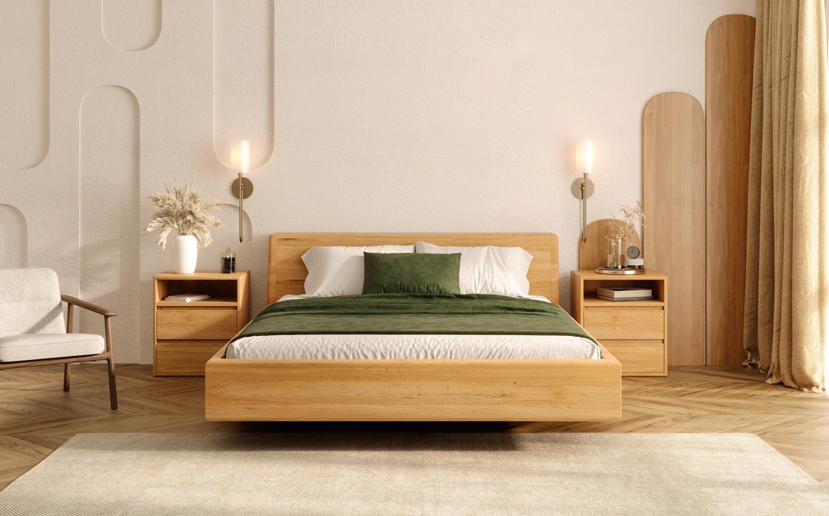 Designer wooden bed Arvelo made of solid Oak with floating appearance and slanted headboard