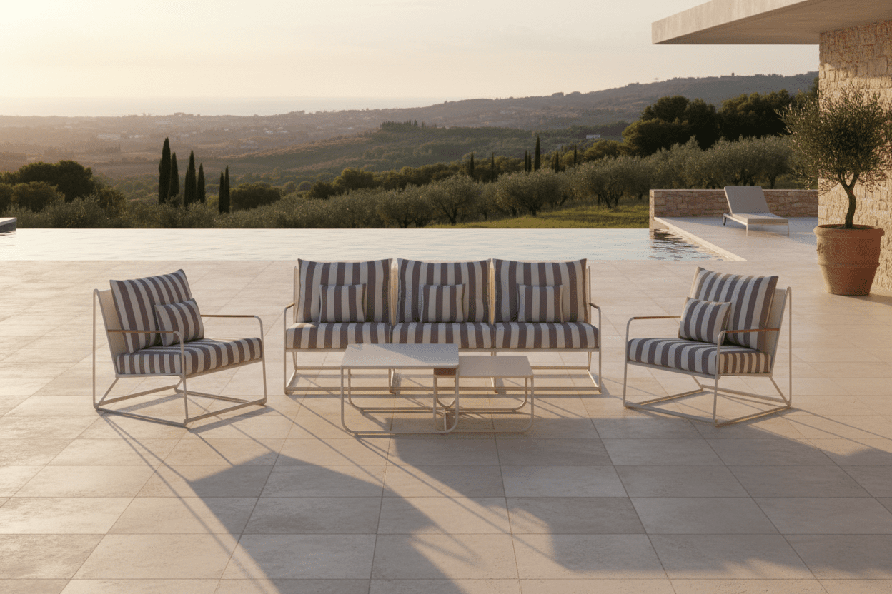 Garten Loungeset Karo – 5-teiliges Set mit beige-gestreiften Kissen