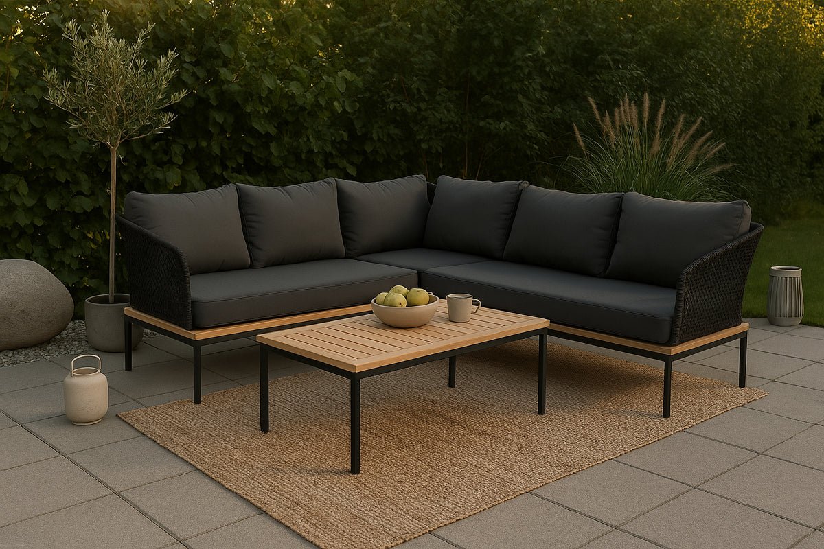 Garten Loungeset Olanda – mit Ecksofa & Couchtisch aus Akazienholz und Metall