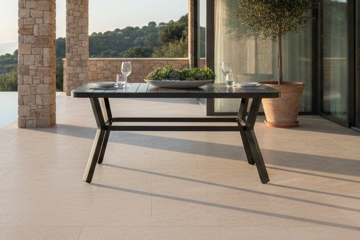 Garden table Amaré - a combination of matte glass top and aluminum frame