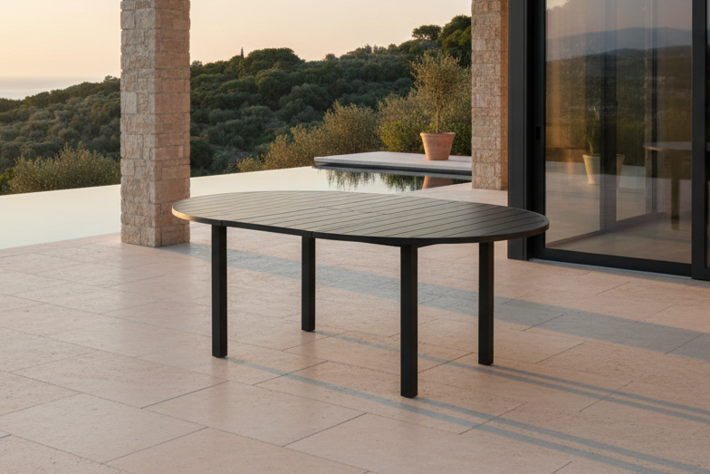 Garden table Savina - round, black table with extendable function