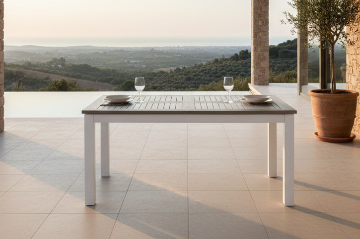 Garten Esstisch Ravello - Ausziehbar von 152 auf 210 cm mit weißem Aluminiumgestell