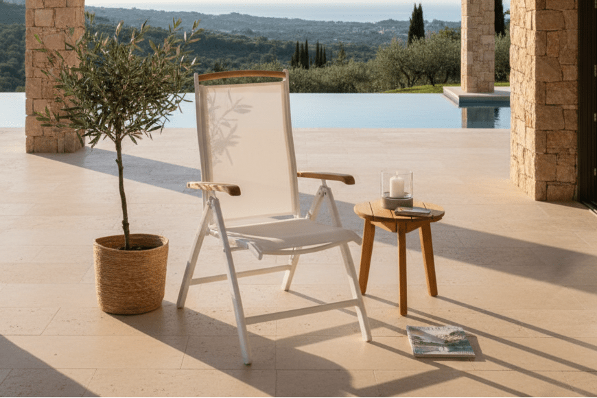 2-piece set garden chair Polis - folding chair in White with aluminum frame and teak wood armrests