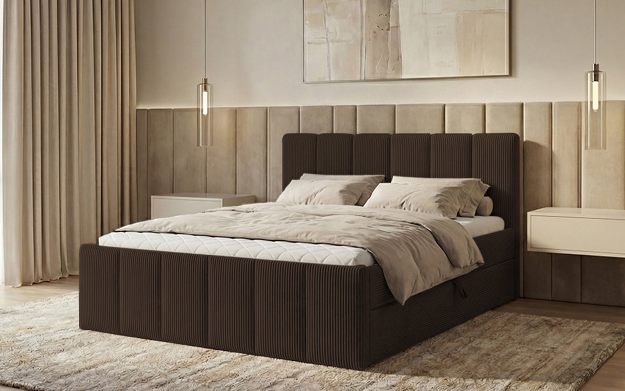 Siena box spring bed with lift-up storage in Corduroy