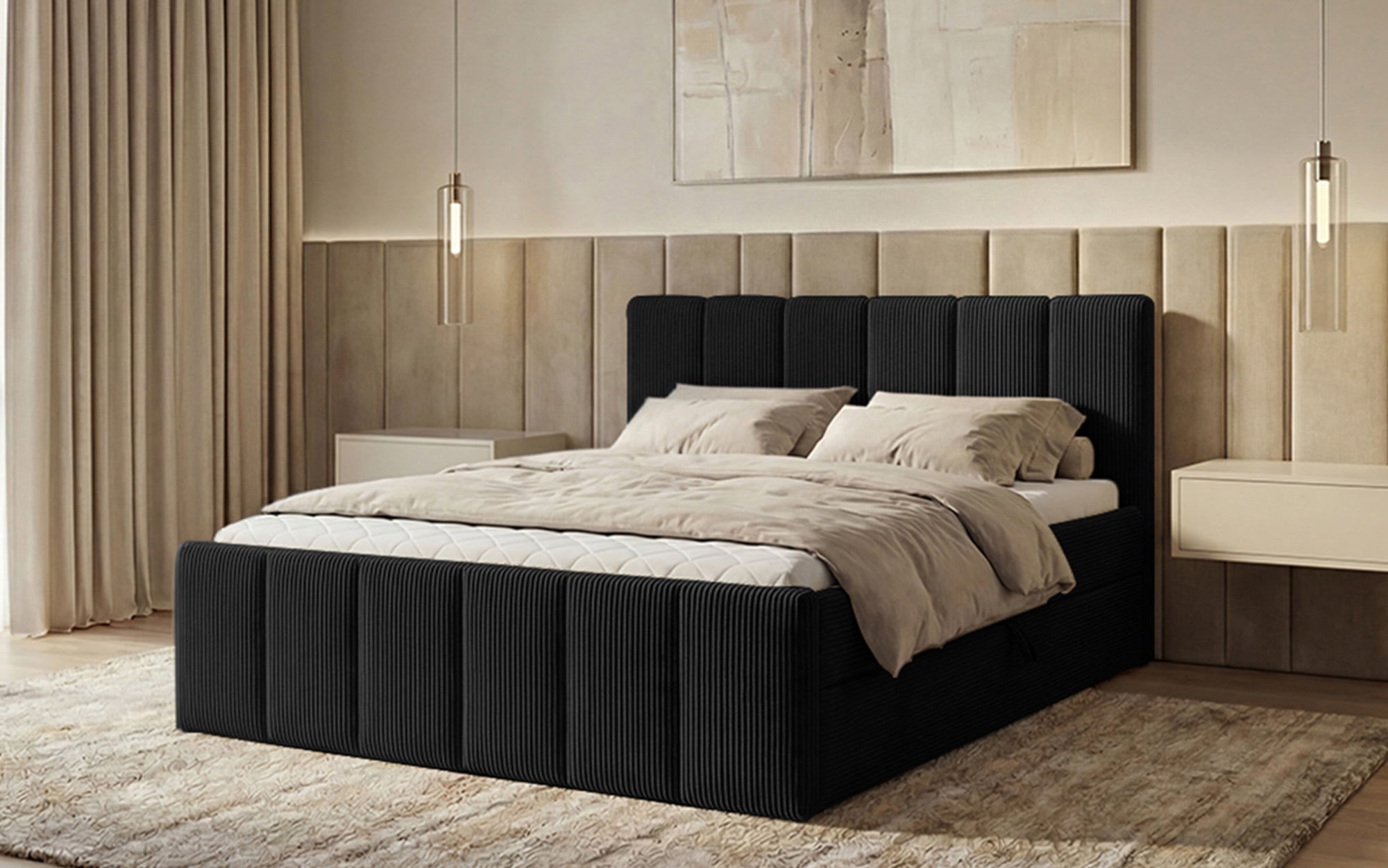 Siena box spring bed with lift-up storage in Corduroy