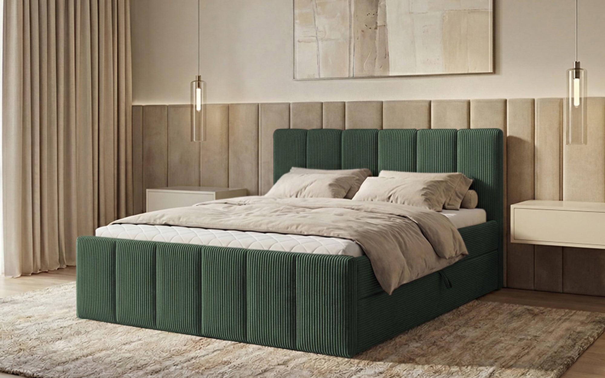 Siena box spring bed with lift-up storage in Corduroy