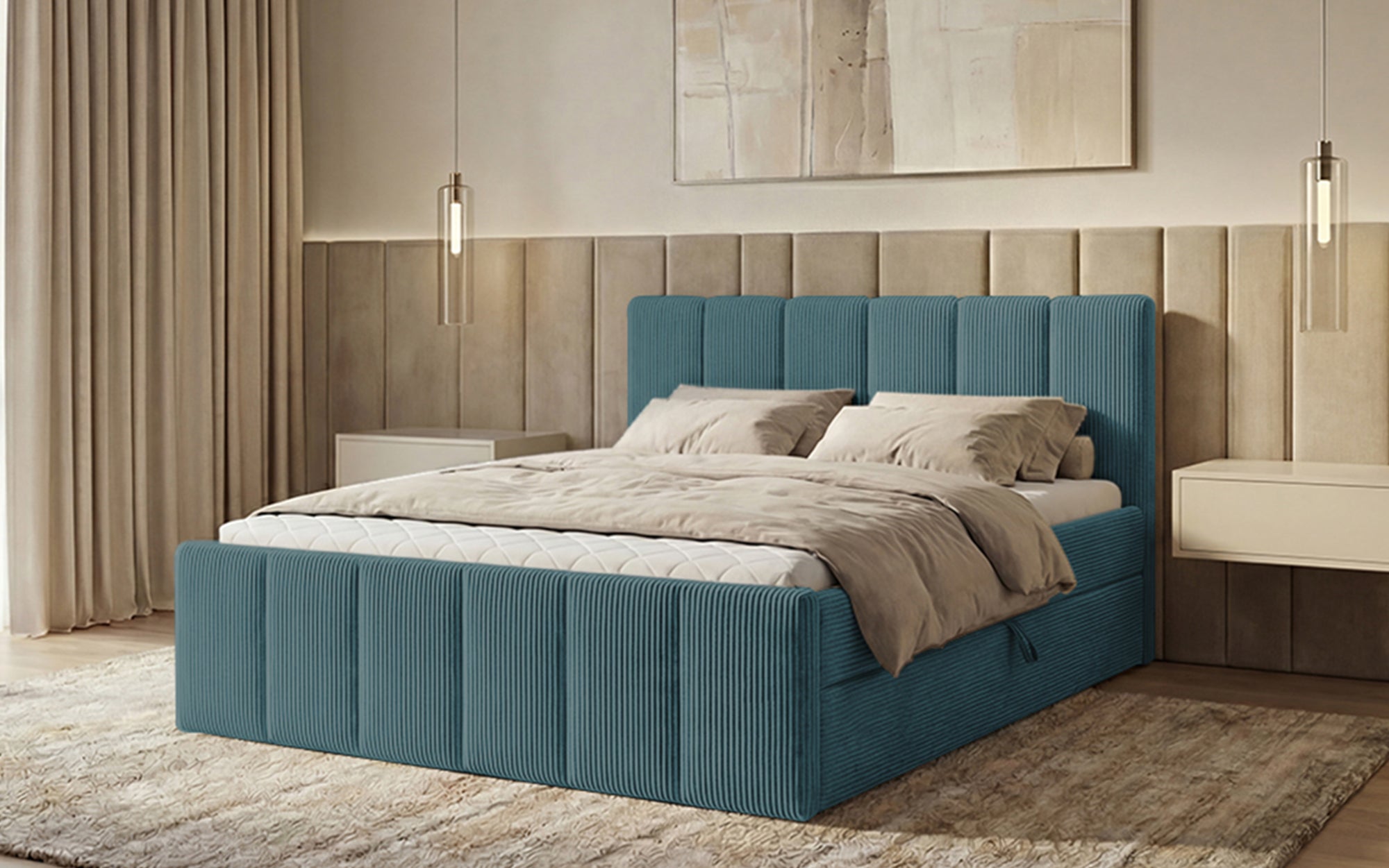 Siena box spring bed with lift-up storage in Corduroy
